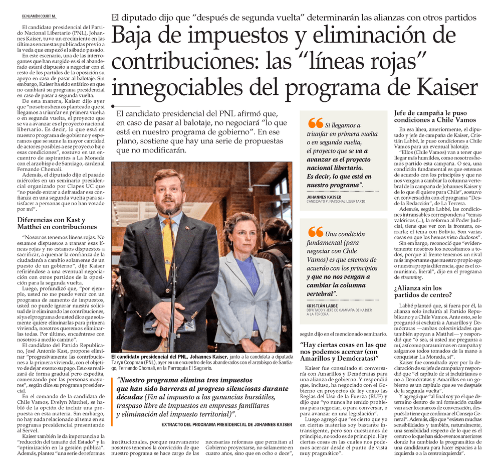 Baja de impuestos y eliminación de contribuciones: las “líneas rojas” innegociables del programa de Kaiser