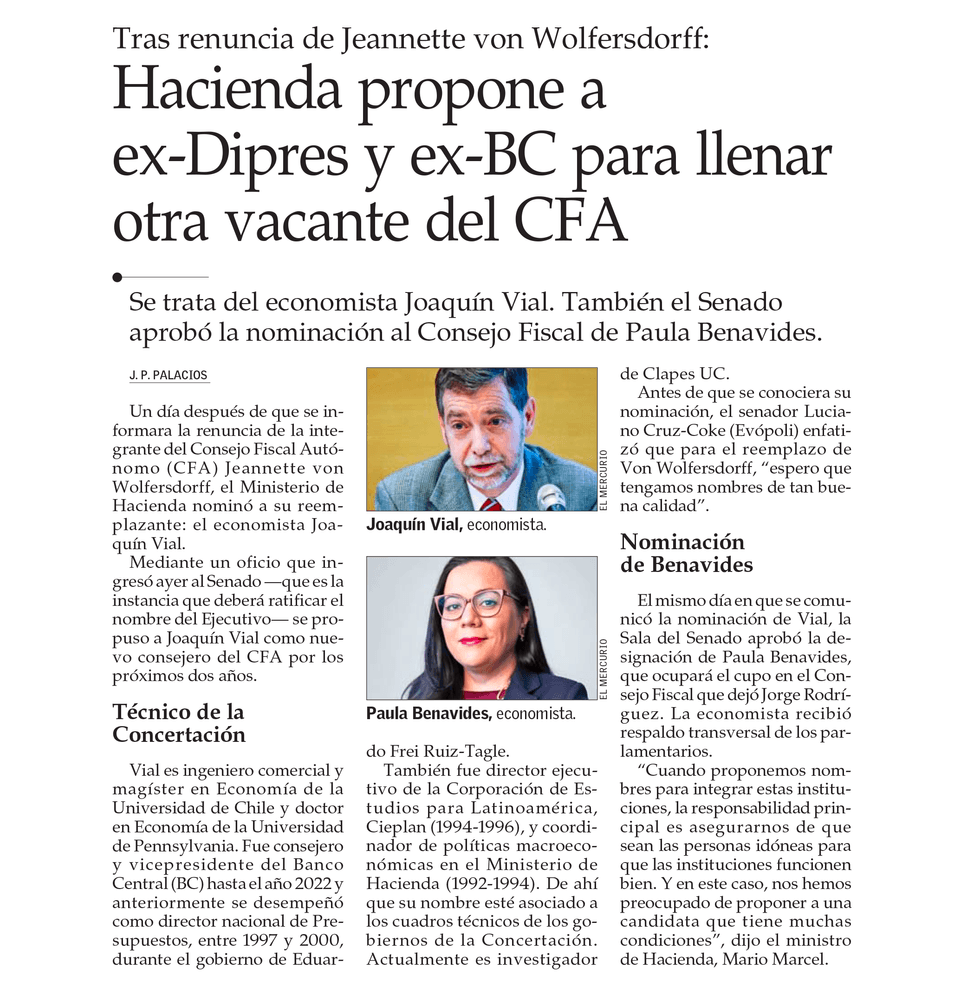 Hacienda propone a ex-Dipres y ex-BC para llenar otra vacante del CFA