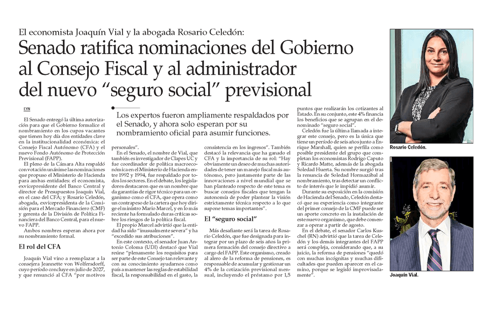 El economista Joaquín Vial y la abogada Rosario Celedón: Senado ratifica nominaciones del Gobierno al Consejo Fiscal y al administrador del nuevo “seguro social” previsional