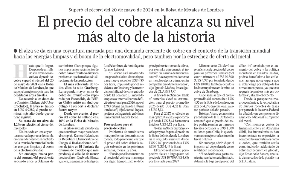 El precio del cobre alcanza su nivel más alto de la historia