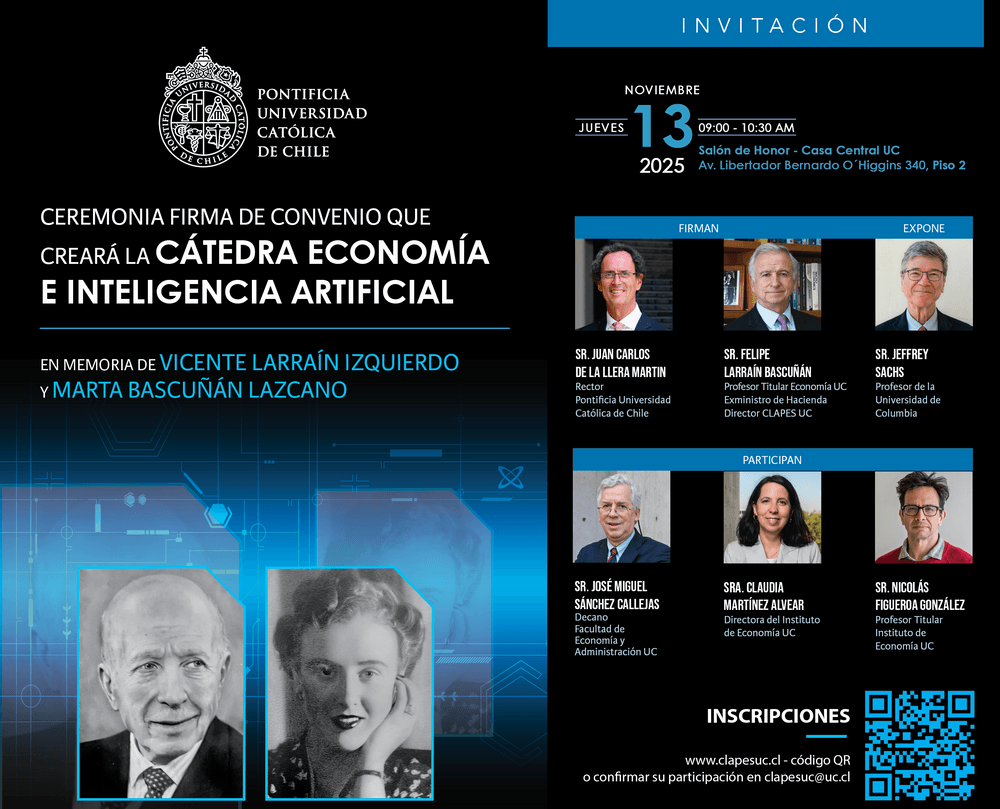 Ceremonia firma de convenio que creará la "Cátedra Economía e Inteligencia Artificial" en memoria de Vicente Larraín Izquierdo y Marta Bascuñán Lazcano
