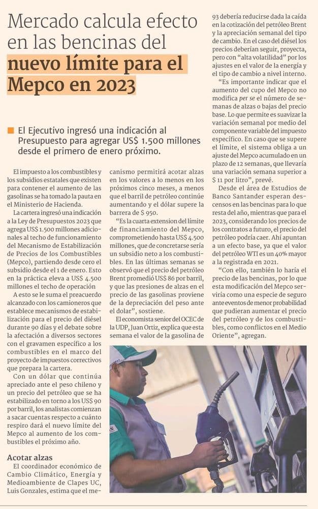 Mercado calcula efecto en las bencinas del nuevo límite para el Mepco en 2023