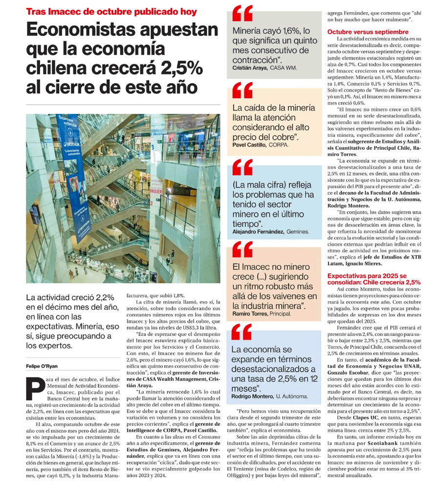 Economistas apuestan que la economía chilena crecerá 2,5% al cierre de este