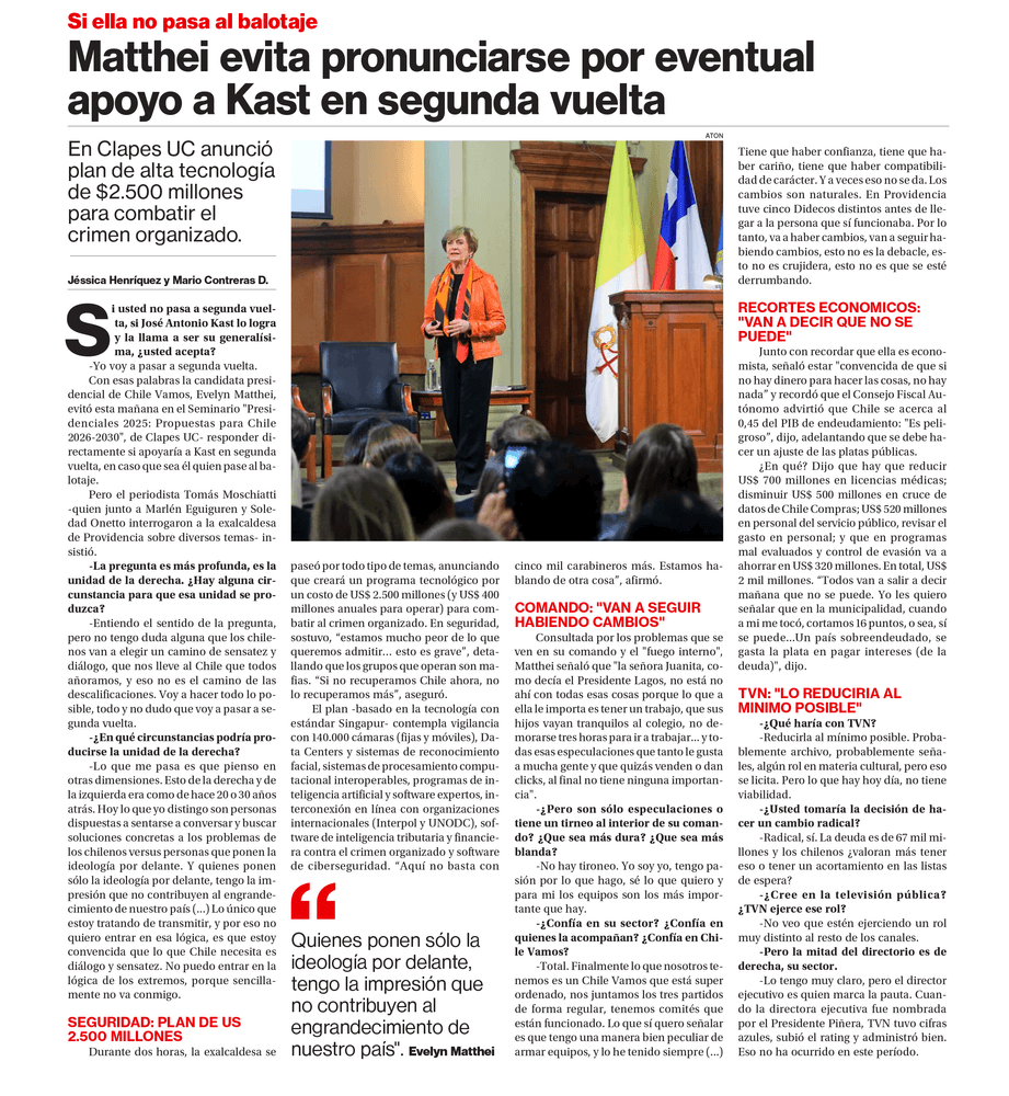 En CLAPES UC, Matthei anunció plan de alta tecnología de $2.500 millones para combatir el crimen organizado.