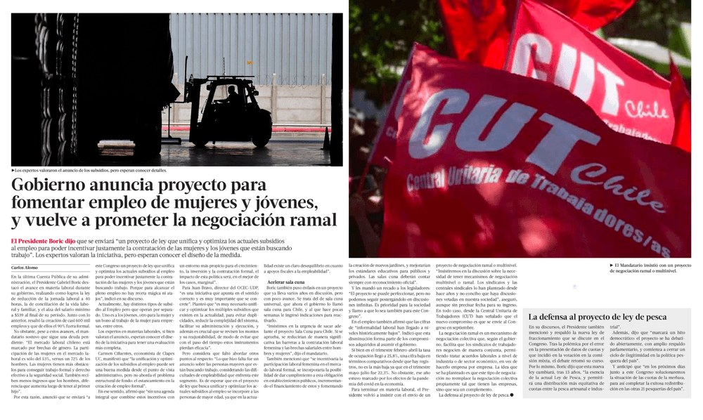 Gobierno anuncia proyecto para fomentar empleo de mujeres y jóvenes, y vuelve a prometer la negociación rama