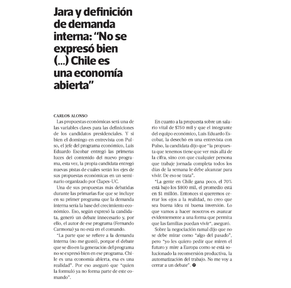 Jara y definición de demanda interna: “No se expresó bien (...) Chile es una economía abierta” 