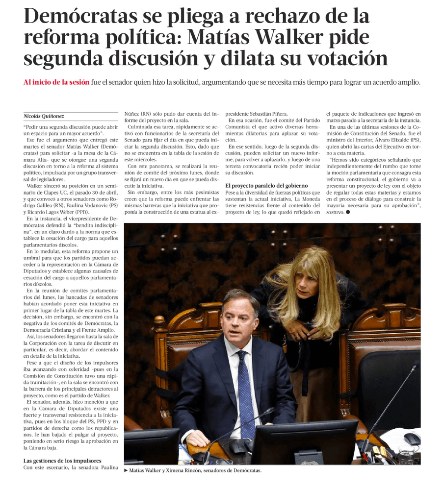 Demócratas se pliega a rechazo de la reforma política: Matías Walker pide segunda discusión y dilata su votación