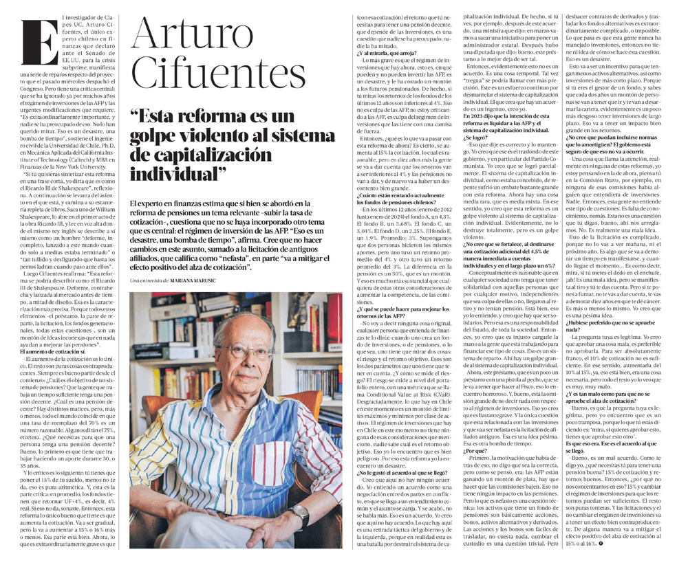 Arturo Cifuentes “Esta reforma es un golpe violento al sistema de capitalización individual” 