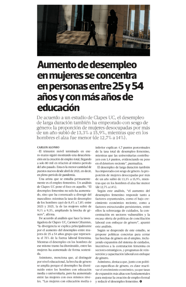 Aumento de desempleo en mujeres se concentra en personas entre 25 y 54 años y con más años de educación