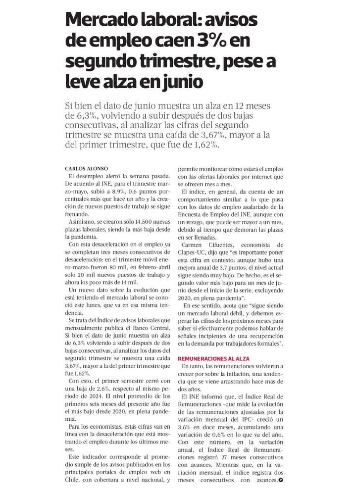 Mercado laboral: avisos de empleo caen 3% en segundo trimestre, pese a leve alza en junio