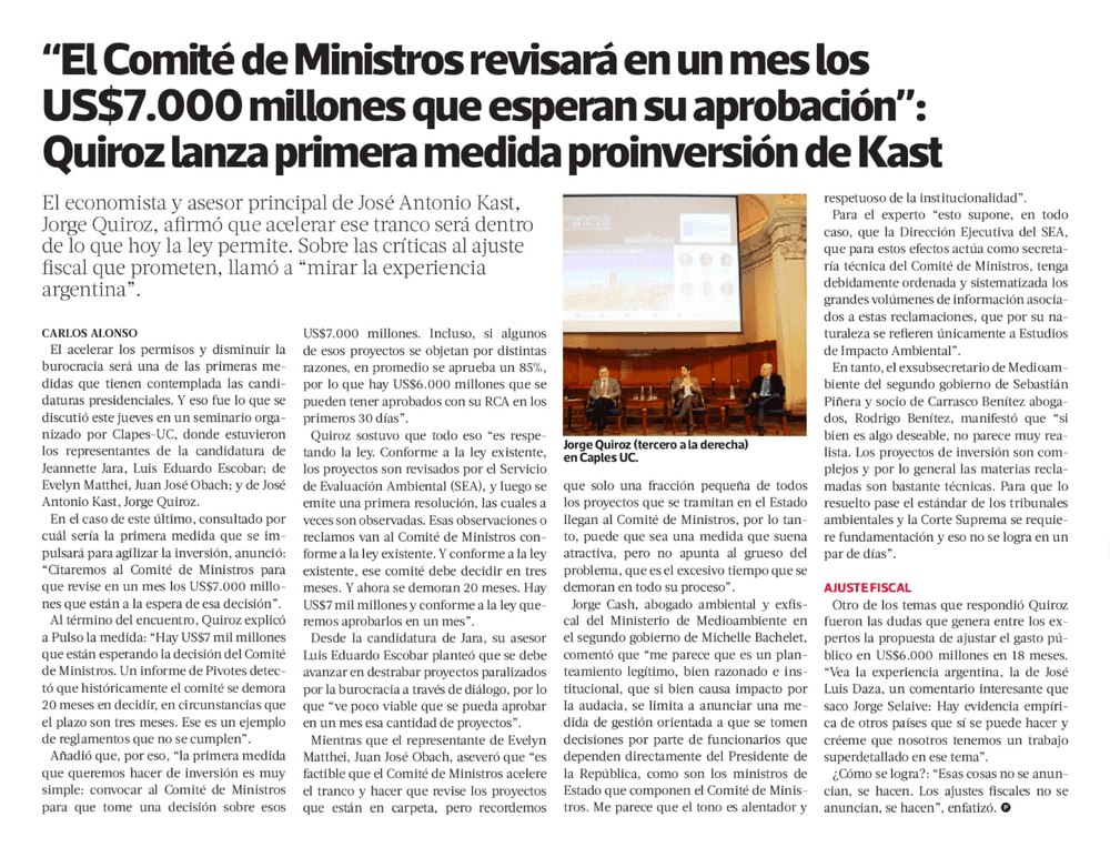 “El Comité de Ministros revisará en un mes los US$7.000 millones que esperan su aprobación”: Quiroz lanza primera medida proinversión de Kast