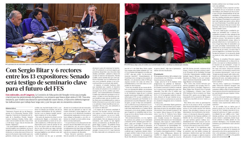 Con Sergio Bitar y 6 rectores entre los 13 expositores: Senado será testigo de seminario clave para el futuro del FES