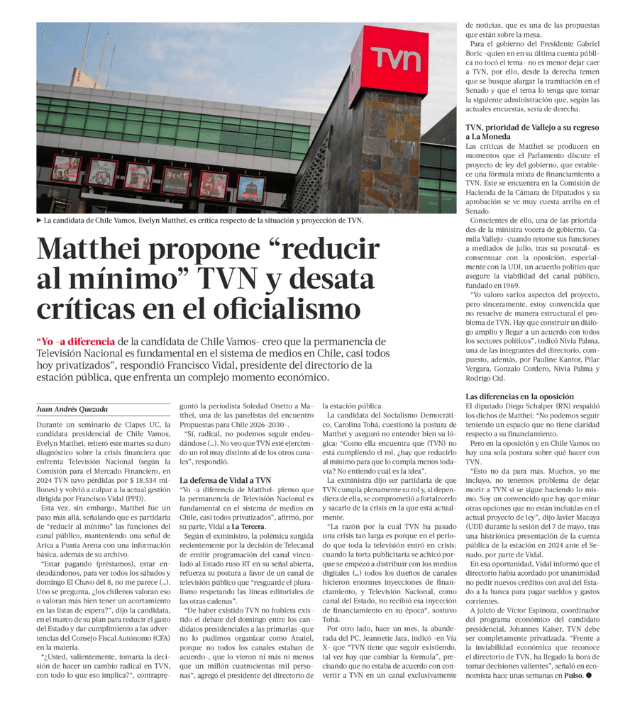 Matthei propone “reducir al mínimo” TVN y desata críticas en el oficialismo 