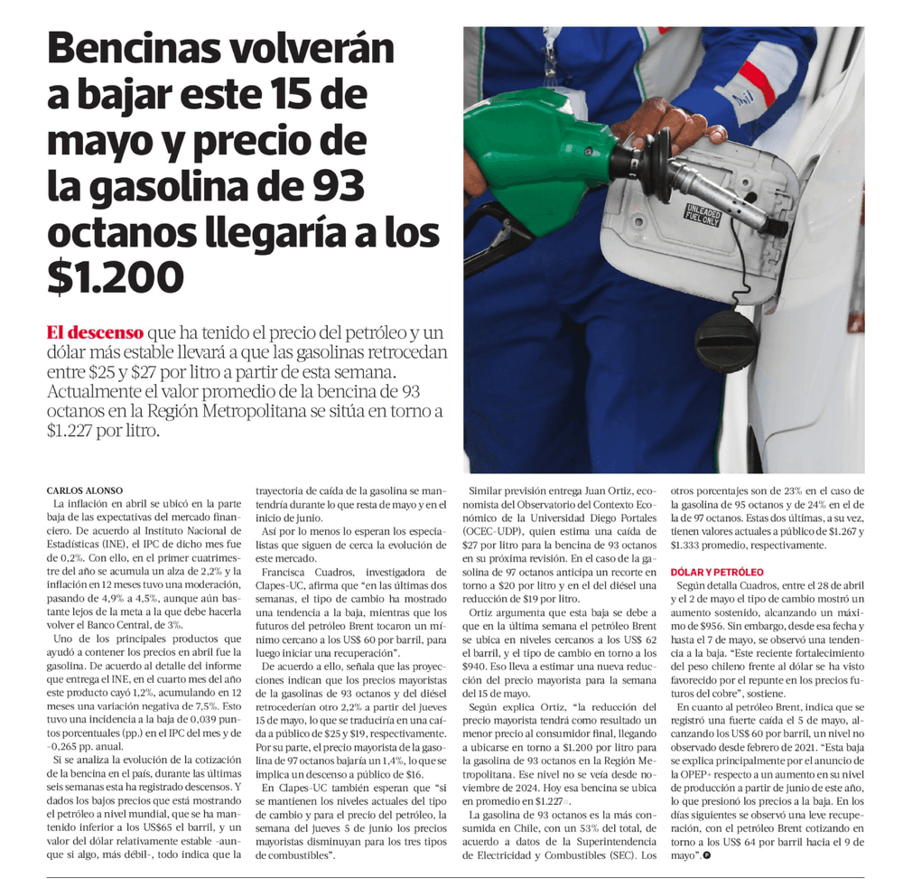 Bencinas volverán a bajar este 15 de mayo y precio de la gasolina de 93 octanos llegaría a los $1.200 