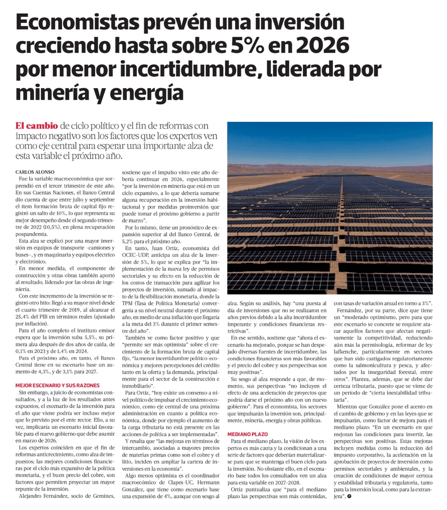 Economistas prevén una inversión creciendo hasta sobre 5% en 2026 por menor incertidumbre, liderada por minería y energía