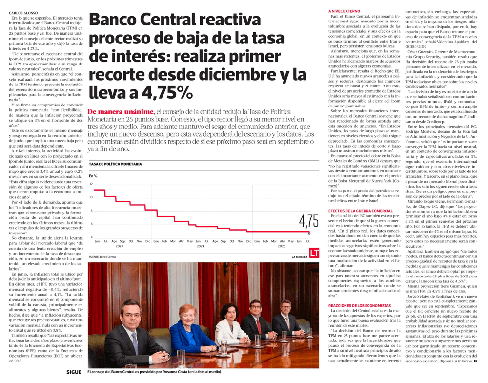 Banco Central reactiva proceso de baja de la tasa de interés: realiza primer recorte desde diciembre y la lleva a 4,75% 