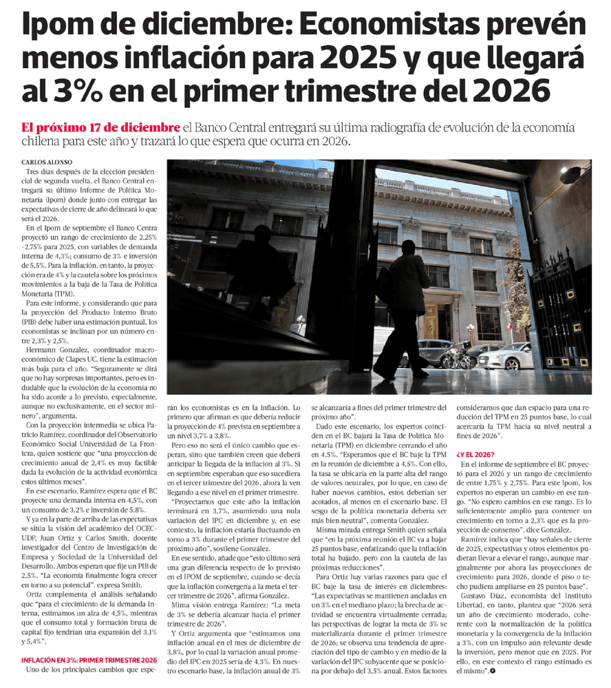 Ipom de diciembre: Economistas prevén menos inflación para 2025 y que llegará al 37% en el primer trimestre del 2026