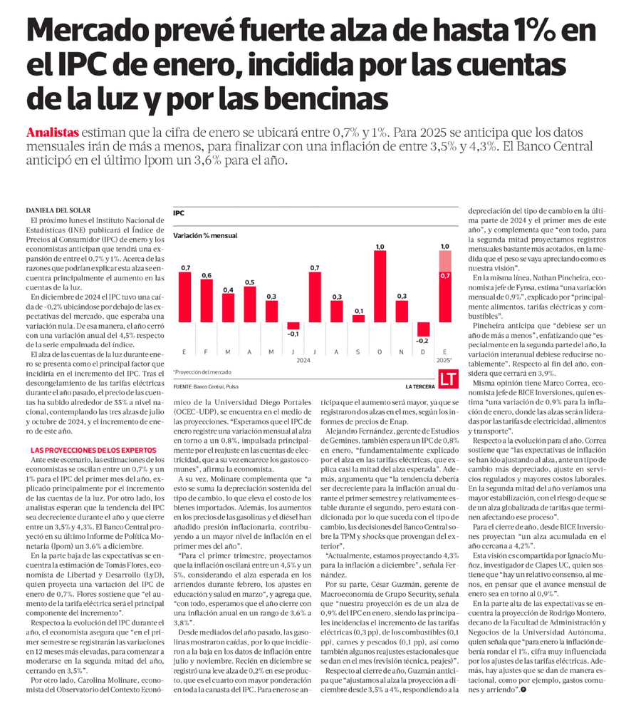 Mercado prevé fuerte alza de hasta 1% en el IPC de enero, incidida por las cuentas de la luz y por las bencinas