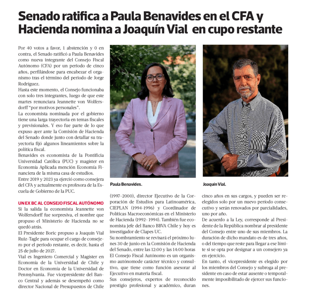 Senado ratifica a Paula Benavides en el CFA y Hacienda nomina a Joaquín Vial en cupo restante