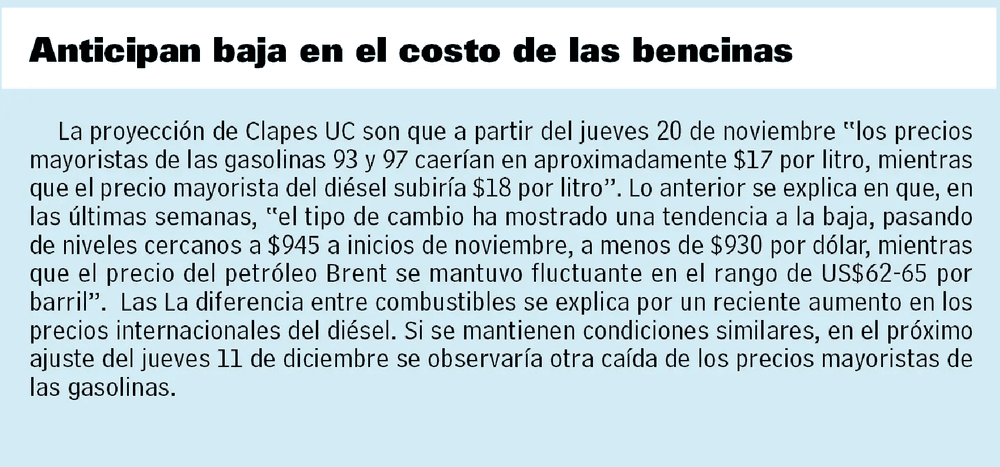 Anticipan baja en el costo de las bencinas