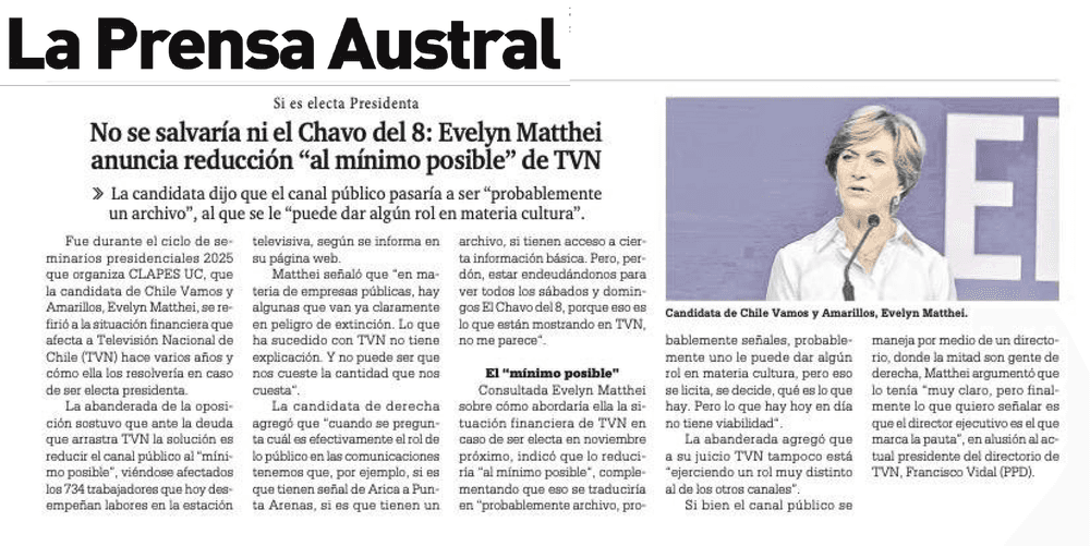 No se salvaría ni el Chavo del 8: Evelyn Matthei anuncia reducción “al mínimo posible” de TVN