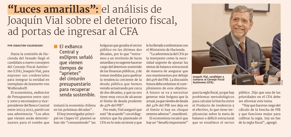 “Luces amarillas”: el análisis de Joaquín Vial sobre el deterioro fiscal, ad portas de ingresar al CFA 