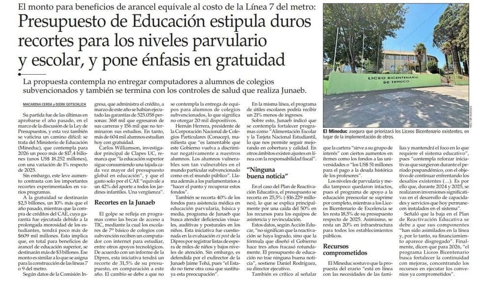 Presupuesto de Educación estipula duros recortes para los niveles parvulario y escolar, y pone énfasis en gratuidad