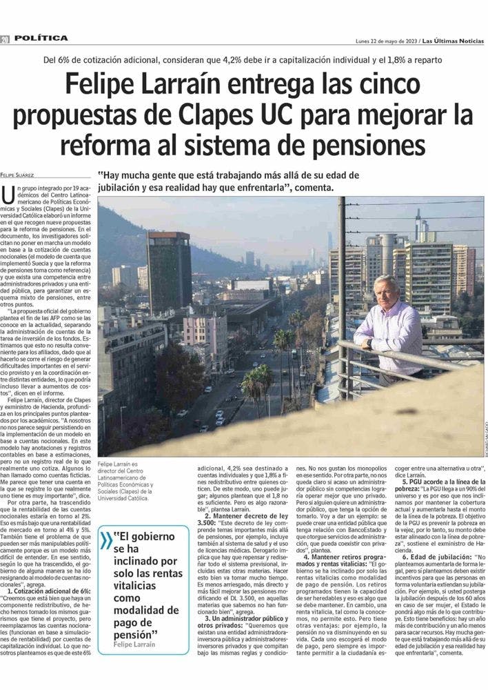 Felipe Larraín entrega las cinco propuestas de Clapes UC para mejorar la reforma al sistema de pensiones