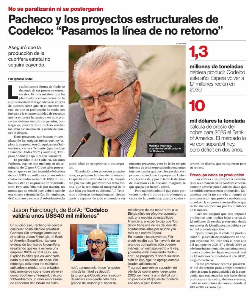 Pacheco y los proyectos estructurales de Codelco: “Pasamos la línea de no retorno”
